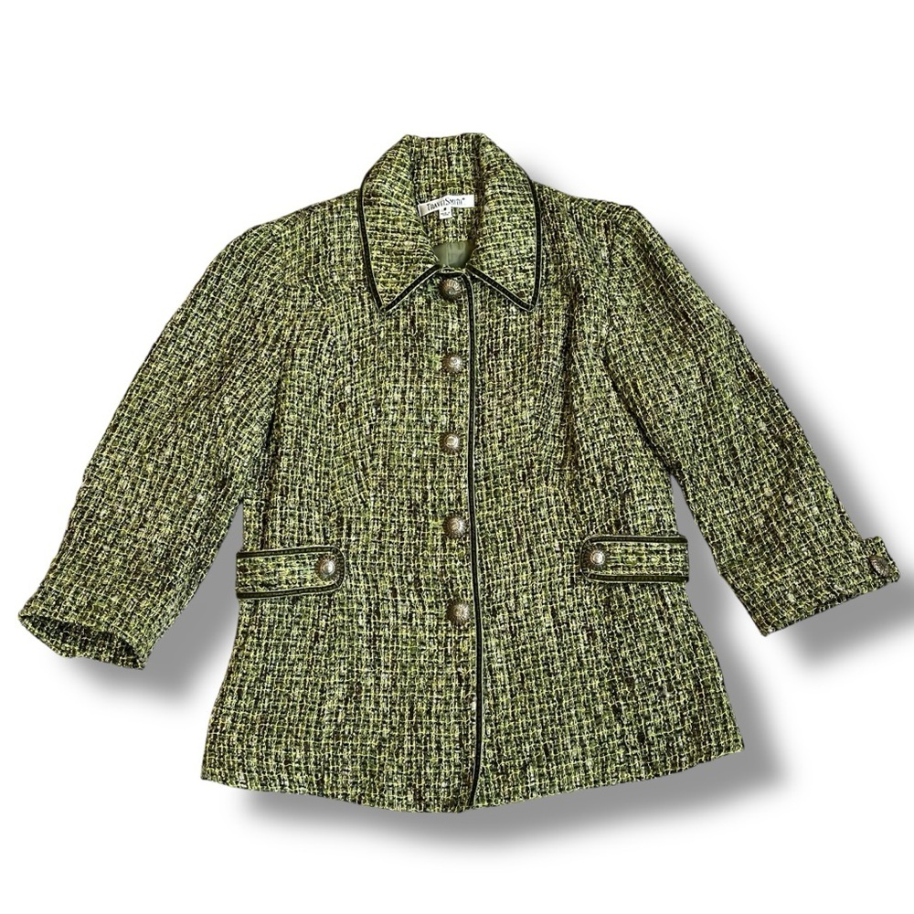 Vintage TravelSmith Blazer Jacket Green Tweed Boucle Size 8 Preppy Cropped